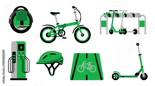 Green electric personal transport options including bicycles scooters unicycle charging station helmet and bike lane illustration