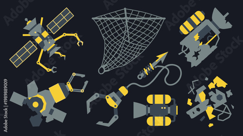 Collection of space debris and robotic tools for space exploration and debris cleanup on a dark background