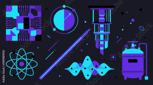 Quantum computing and science icons with futuristic technology and research symbols on dark background