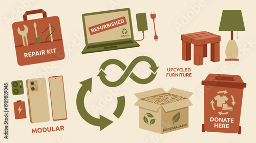 Sustainable electronics and furniture concept with repair kit modular phone upcycled items and recycling loop illustration