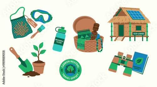 Sustainable travel and eco-friendly lifestyle elements including reusable items, gardening tools, eco lodge, binoculars, and carbon offset badge