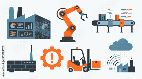 Modern factory automation industrial technology icons set including robot arm conveyor belt forklift and network connectivity for smart manufacturing