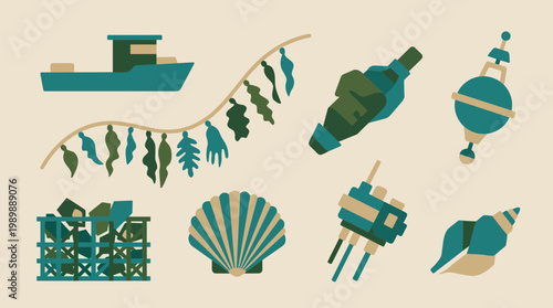 Nautical elements and maritime objects collection flat design style