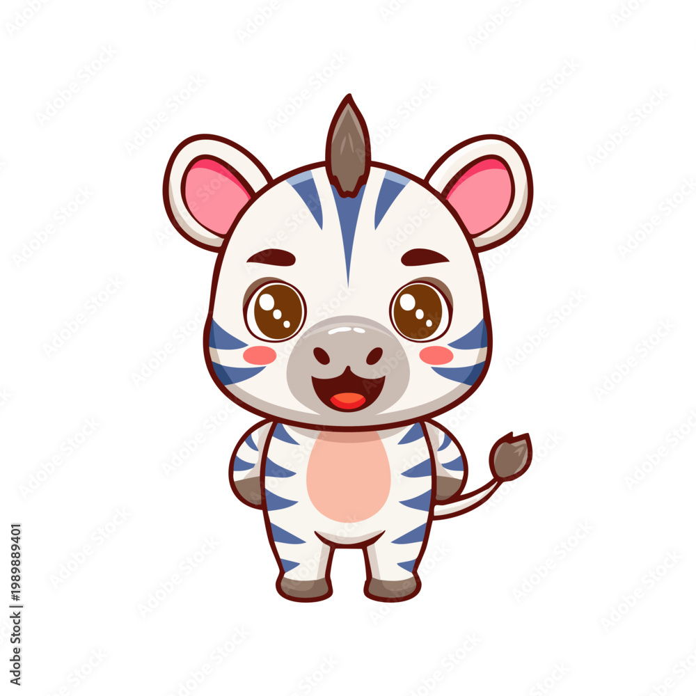 Obraz premium Cute cartoon zebra illustration standing and smiling with stripes and round ears