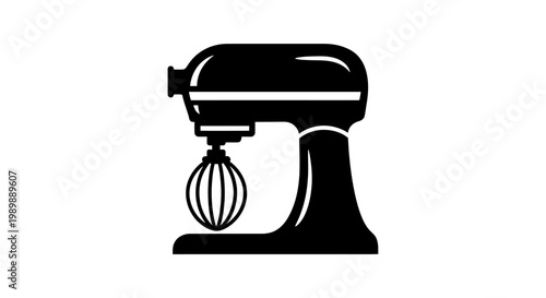 Black and white silhouette of a traditional mixing machine with a whisk attachment. A sleek appliance design for culinary use.
