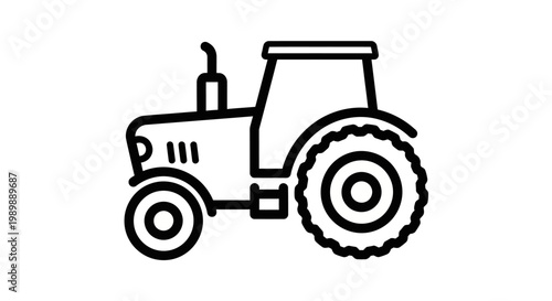 Modern tractor in a black-and-white illustration, shown from the side with large wheels and simplified details, isolated on a plain background. No additional objects.