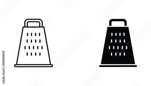 Kitchen grater icon set for food preparation and culinary tools in outline and solid black vector style for cooking websites and professional kitchen equipment branding