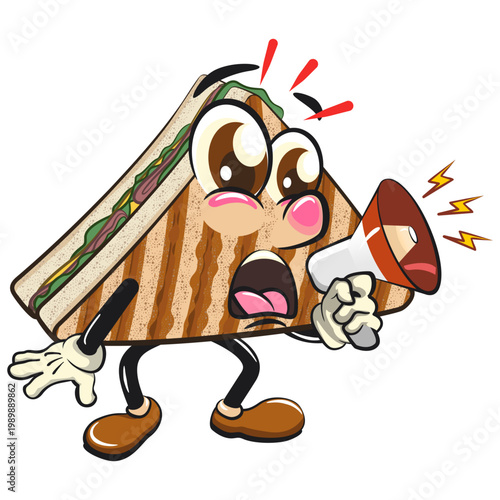 cute grilled sandwich mascot character out loud with a loudspeaker, smiling toast snack cartoon vector illustration isolated on transparent background, work of hand drawn