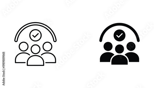Group of people with checkmark symbol icon set representing team approval and successful collaboration in minimalist black and white vector design