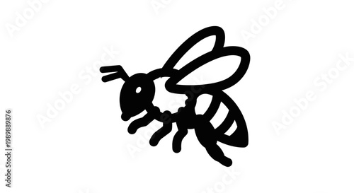Hand-drawn black and white illustration of a bee in flight, isolated on a plain white background.