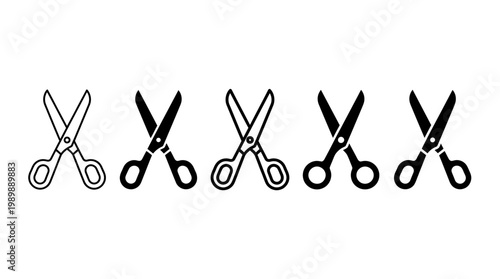 Vector scissors icon set in minimalist style with outline and solid black variations. Five simple scissor designs perfect for editing applications, crafts, sewing, beauty salons, and graphic design. I