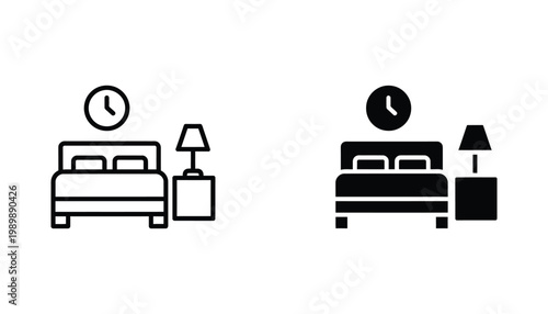 Hotel room bed with bedside lamp and clock icon set in minimalist black and white vector style for hospitality industry and digital user interface design elements
