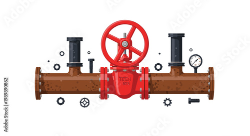 A meticulous vector graphic depicts a weathered brown rusted pipe section equipped with a central red valve wheel and a precise pressure gauge instrument.