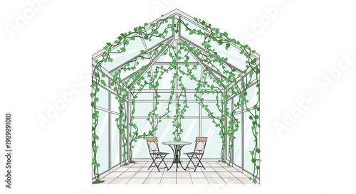 A serene vector illustration captures the interior of a glass greenhouse filled with lush climbing green vines and a charming bistro dining set arrangement.