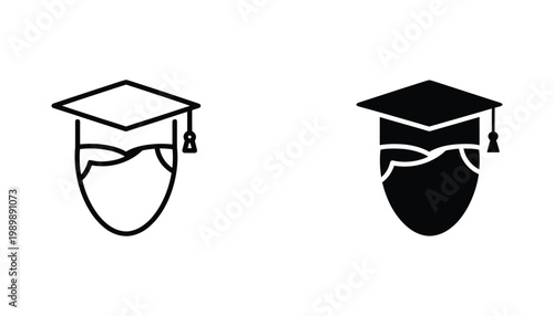 Graduation cap icon set representing academic achievement and student success in minimalist outline and solid black styles for educational design projects and school interface elements