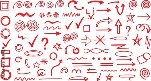 Collection of red hand drawn symbols and arrows on white background for design