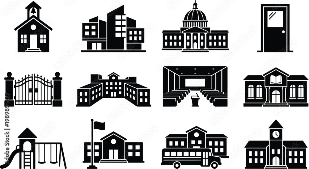 Obraz premium Various school buildings and icons in black and white on a plain background