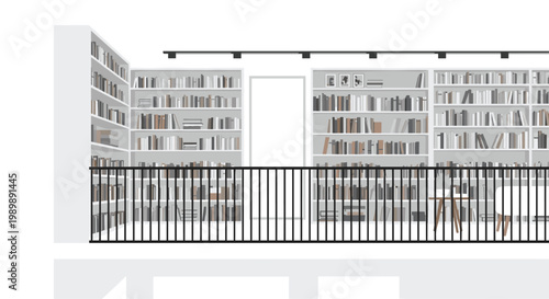 A meticulously organized modern library balcony features rows of white bookshelves filled with diverse literature under soft overhead track lighting.