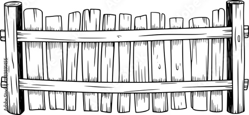 Rustic wooden fence with vertical planks and horizontal beams barrier boundary