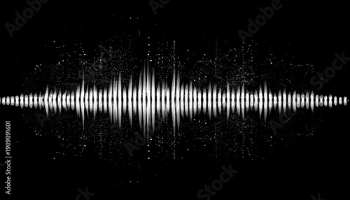 Abstract white waveform over dark background, jagged peaks and scattered pixels create dynamic effect