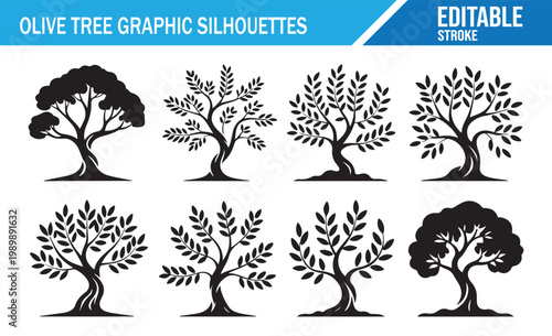 Olive tree icon and silhouette pack with editable stroke