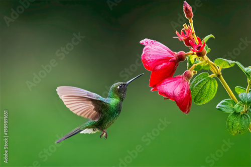Quadro su tela Green-crowned brilliant hummingbird feeding from vibrant red flower in Colombia