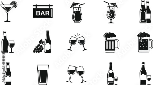 Black and white bar icons set with drinks and bottles on white background for design