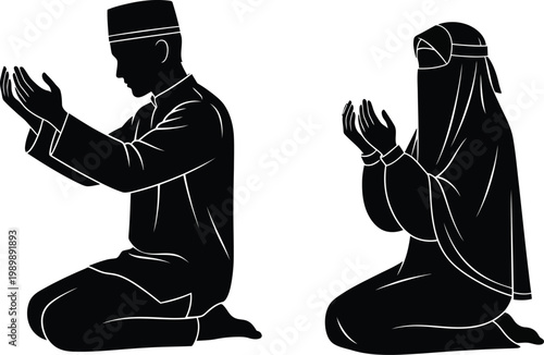 Man and woman in prayer muslim couple kneeling in worship religious devotion
