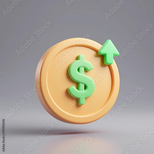 3D gold coin icon with green growth arrow on transparent background