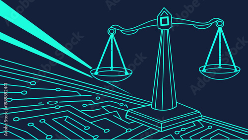 A vector graphic illustration of a scale of justice on a circuit board representing technology and law
