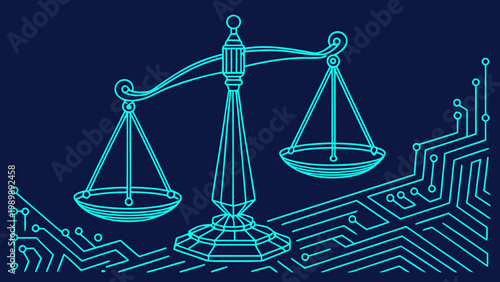 A vector graphic illustration of a scale of justice on a circuit board background