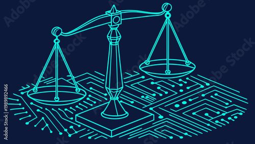 A vector graphic illustration of a scale of justice on a circuit board background, symbolizing technology and law.