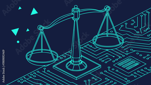 A vector graphic illustration of a scale of justice on a computer circuit board with a dark blue background