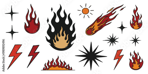 Retro tattoo style fire flames and celestial stars vector illustration set