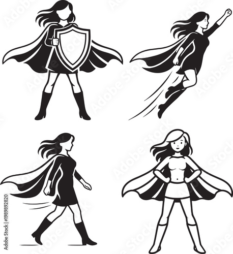 Super mom silhouette icons set with mother holding baby and child superhero concept