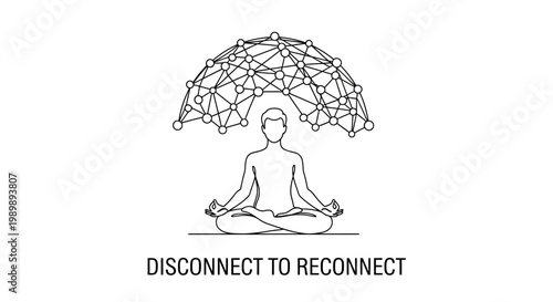 Digital Detox Concept Illustration of Person Meditating Under Network Dome.