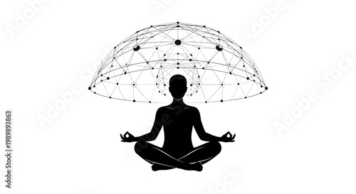 Meditating person silhouette under a digital network dome structure.