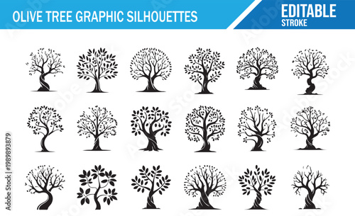 Olive tree graphic silhouettes set with editable stroke on white