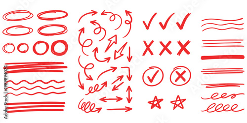 Hand drawn red arrows circles checkmarks and underline scribbles vector illustration set