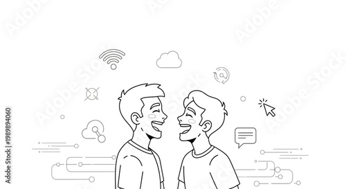Two young men talking and laughing together in a line art illustration.