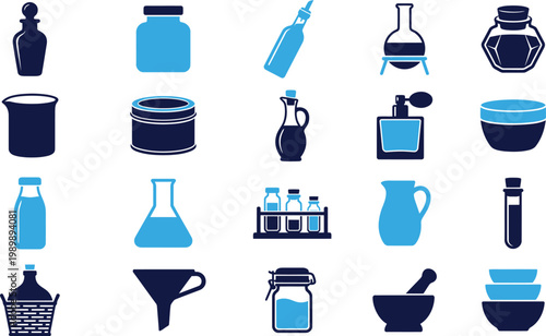 Assortment of blue and dark blue laboratory glass bottles and containers icons.