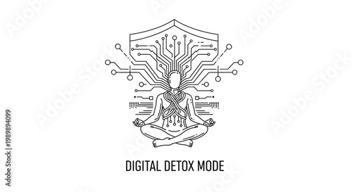 Conceptual illustration of digital detox mode featuring a person meditating with circuit board patterns.