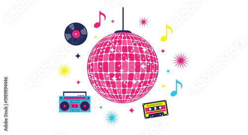 A sparkling pink disco ball hangs amidst a collection of retro music equipment including a blue boombox and a yellow cassette tape with colorful musical notes.