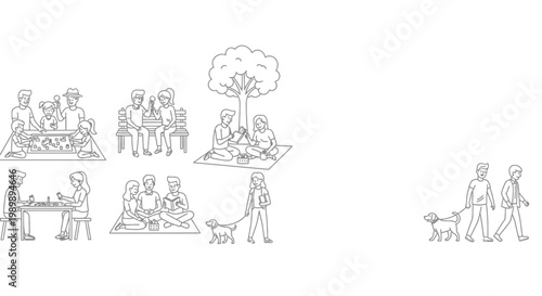 Set of line art illustrations depicting diverse people engaging in outdoor leisure and social activities.