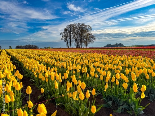 Wallpaper Mural Field of various colored spring blooming tulips with a blue sky and clouds Torontodigital.ca