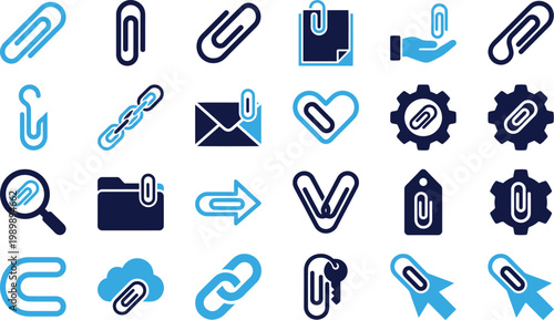 Various blue paper clip icons and related office supply objects vector set.