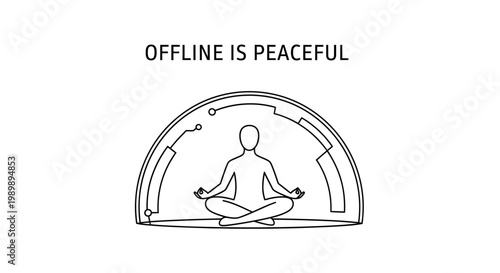Minimalist line art illustration of a person meditating inside a digital circuit dome with text.