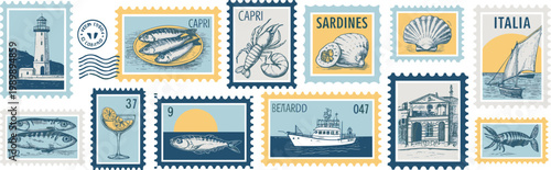 Collection of illustrated italian themed postage stamps featuring seafood, landmarks, and boats italy