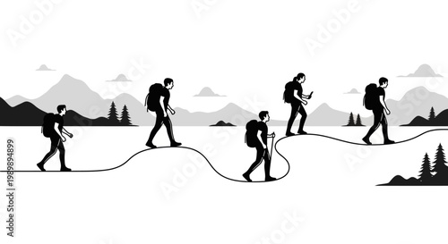 Group of hikers walking along a winding path illustration.