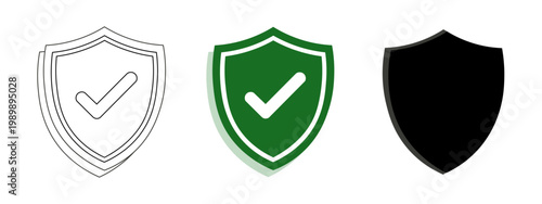 shield icon set with check mark in line art and flat styles